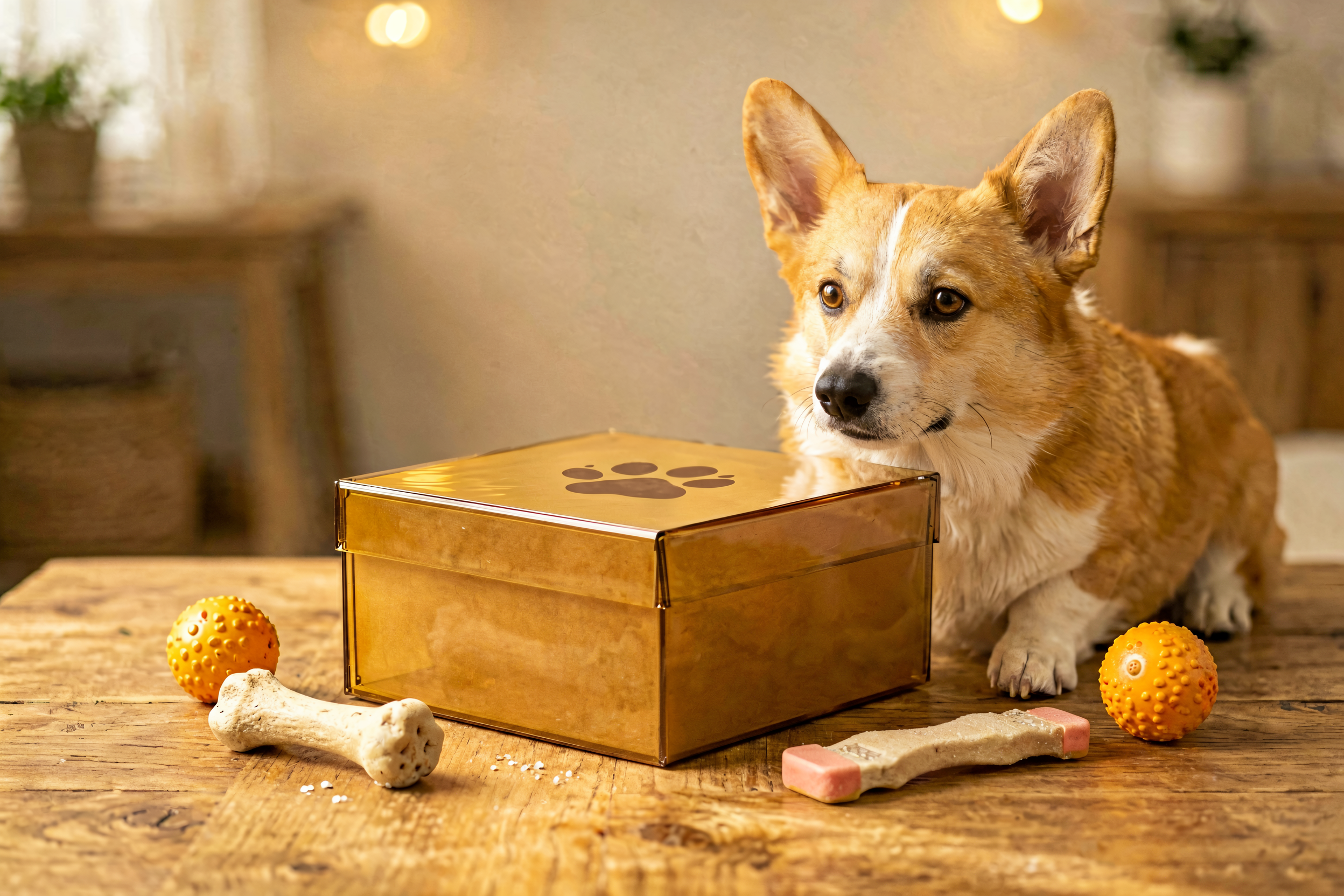 PawBox monthly subscription box with treats, toys and a happy corgi